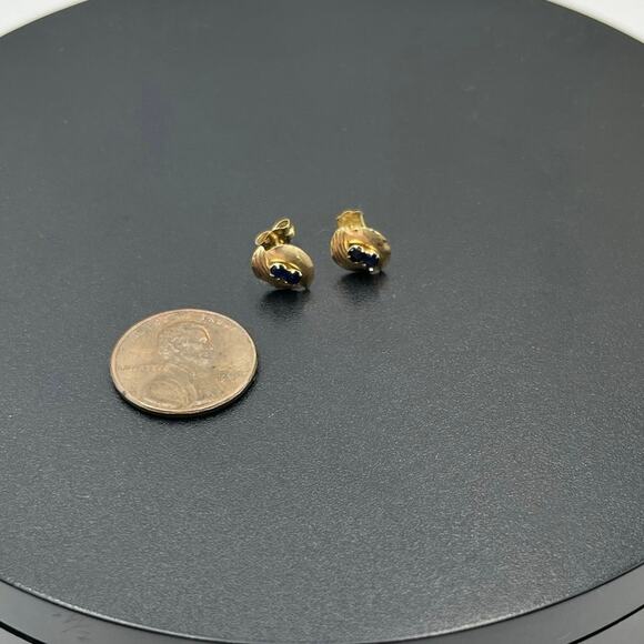 Vintage 10K Gold Blue Topaz Ridged Genuine Gemstone 40g Small Stud Earrings - Picture 2 of 14